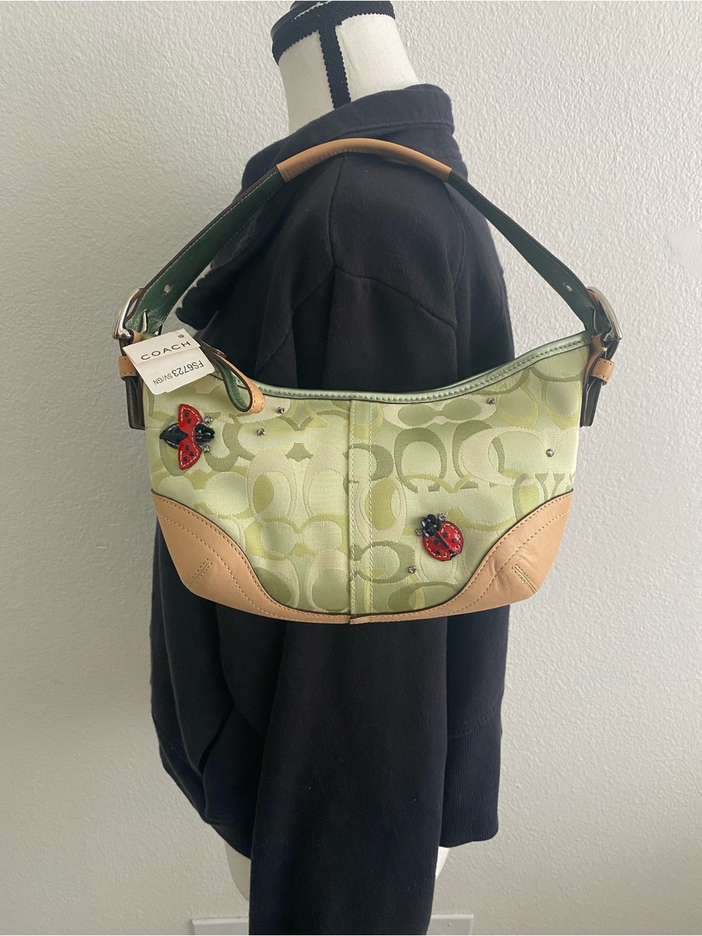 Coach Green Signature Canvas Shoulder Bag with Tan Leather Trim